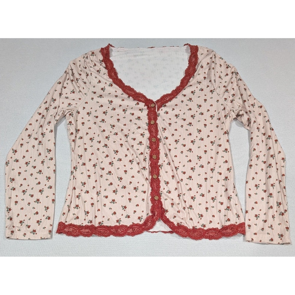 Floral Cardigan Women L Pink Red Excellent Lace Trim Ribbed Knit Top